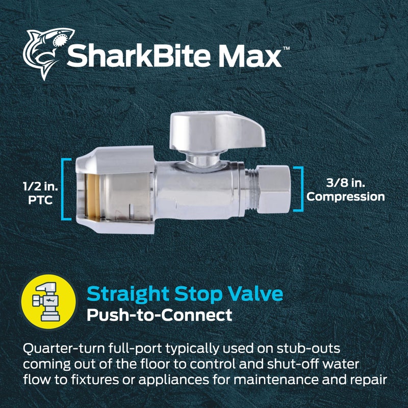 SharkBite Max 1/2 x 3/8 Inch Compression Straight Stop Valve, Quarter Turn, Push to Connect Brass Plumbing Fitting, PEX Pipe, Copper, CPVC, PE-RT, HDPE, UR23037 - Image 2