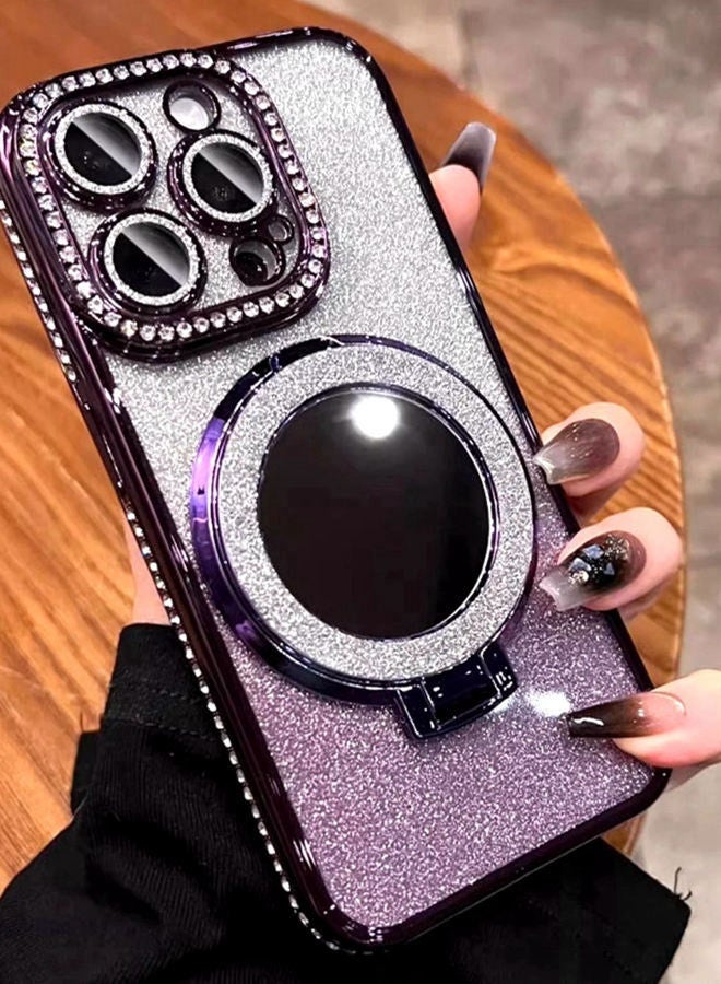 Magnetic Glitter Case for iPhone 16 Pro Max，with Bling Camera Lens Protector，Sparkly Stand，Mirror， Luxury Gradient Shockproof  iPhone 16 Pro Max Cover，Purple - Image 1