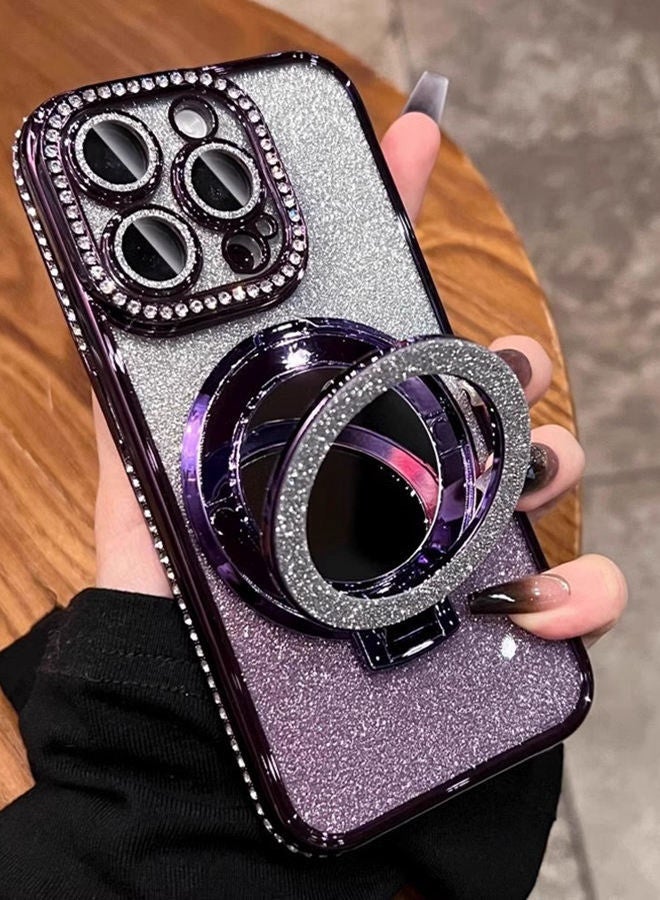 Magnetic Glitter Case for iPhone 16 Pro Max，with Bling Camera Lens Protector，Sparkly Stand，Mirror， Luxury Gradient Shockproof  iPhone 16 Pro Max Cover，Purple - Image 3