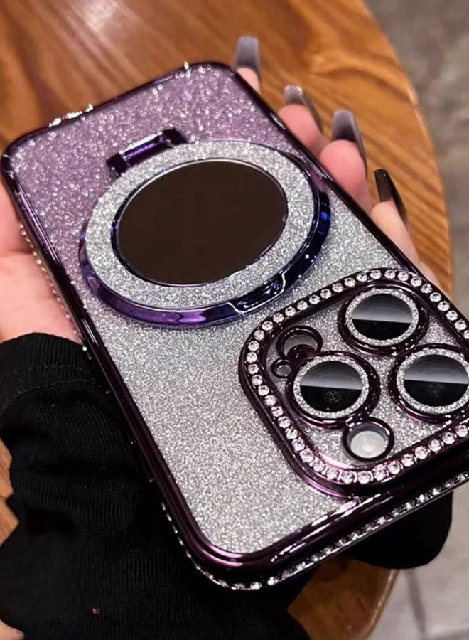 Magnetic Glitter Case for iPhone 16 Pro Max，with Bling Camera Lens Protector，Sparkly Stand，Mirror， Luxury Gradient Shockproof  iPhone 16 Pro Max Cover，Purple - Image 2