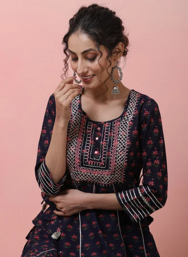 أيه كيه إس Navy Blue Floral Printed Midi Dress for Women
