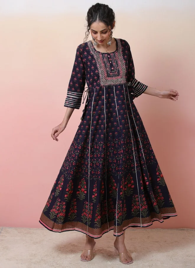 أيه كيه إس Navy Blue Floral Printed Midi Dress for Women