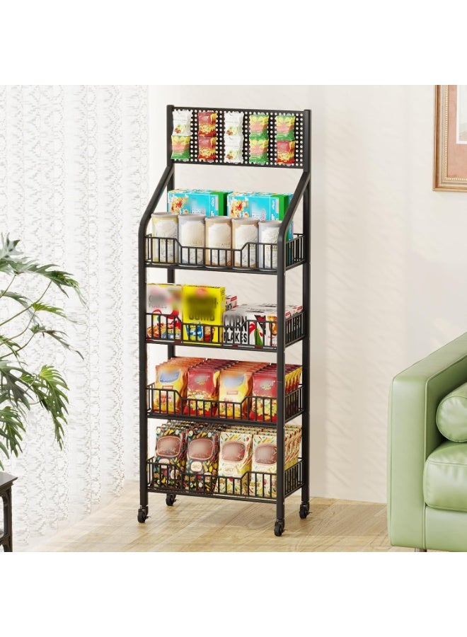 BLOOMING TIME 4-Tier Movable Kitchen Storage Rack with Perforated Back Panel, 360° Lockable Swivel Casters, U-Shaped Open Basket Design, Multi-Layer Metal Utility Cart for Pantry, Vegetables, Cookware & Household Organizing - Image 1