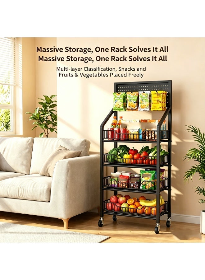 BLOOMING TIME 4-Tier Movable Kitchen Storage Rack with Perforated Back Panel, 360° Lockable Swivel Casters, U-Shaped Open Basket Design, Multi-Layer Metal Utility Cart for Pantry, Vegetables, Cookware & Household Organizing - Image 5