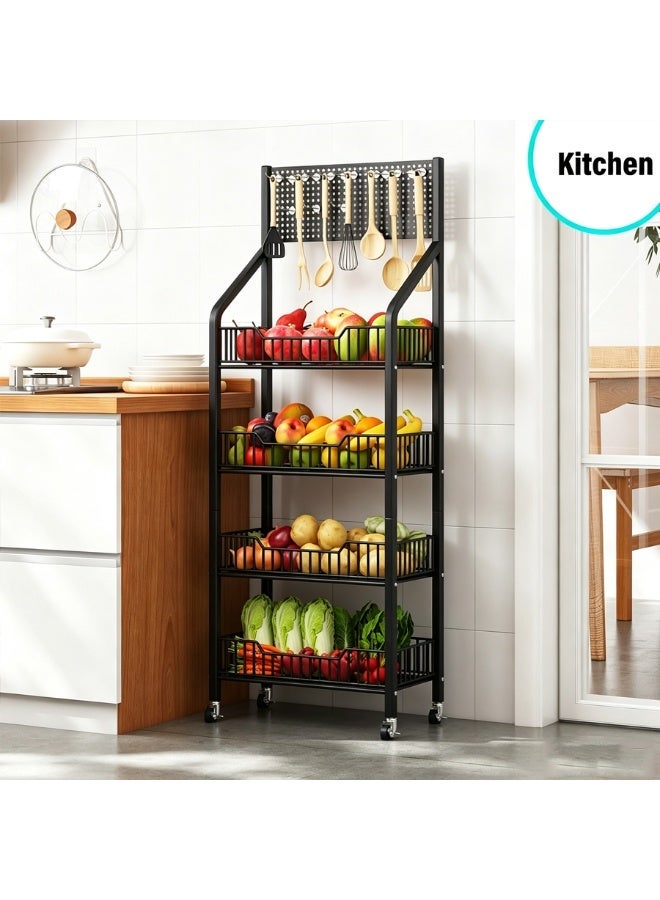 BLOOMING TIME 4-Tier Movable Kitchen Storage Rack with Perforated Back Panel, 360° Lockable Swivel Casters, U-Shaped Open Basket Design, Multi-Layer Metal Utility Cart for Pantry, Vegetables, Cookware & Household Organizing - Image 2