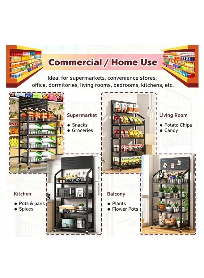 BLOOMING TIME 4-Tier Movable Kitchen Storage Rack with Perforated Back Panel, 360° Lockable Swivel Casters, U-Shaped Open Basket Design, Multi-Layer Metal Utility Cart for Pantry, Vegetables, Cookware & Household Organizing - Image 3