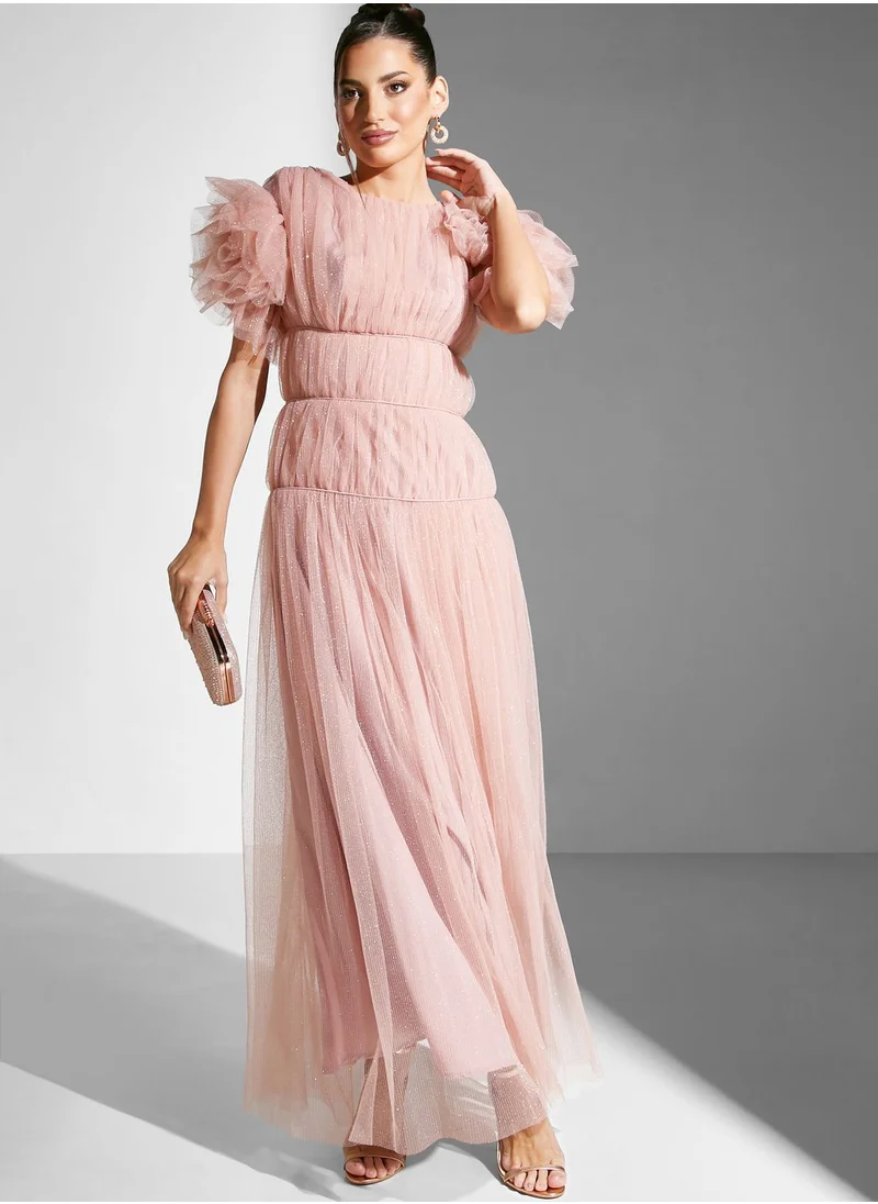 Namshi x Ruched Gown With Floral Shaped Sleeve