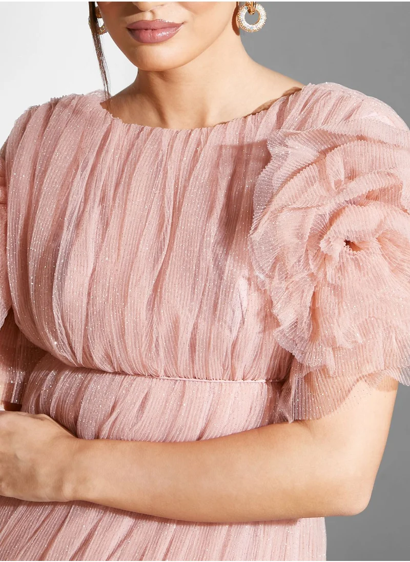 Namshi x Ruched Gown With Floral Shaped Sleeve