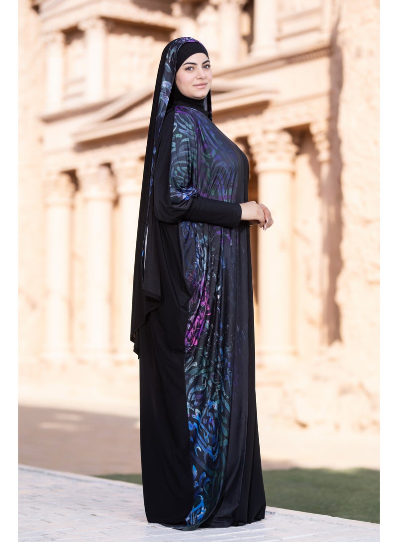 SATR HIJABI Women Printed Isdal Prayer Set – Full Coverage 2-Piece Prayer Outfit with Pocket, Soft Breathable Modest Islamic Wear Black Blue Purple - Image 5