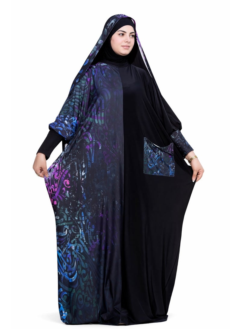 SATR HIJABI Women Printed Isdal Prayer Set – Full Coverage 2-Piece Prayer Outfit with Pocket, Soft Breathable Modest Islamic Wear Black Blue Purple - Image 1