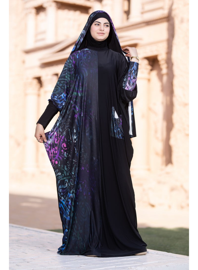 SATR HIJABI Women Printed Isdal Prayer Set – Full Coverage 2-Piece Prayer Outfit with Pocket, Soft Breathable Modest Islamic Wear Black Blue Purple - Image 2