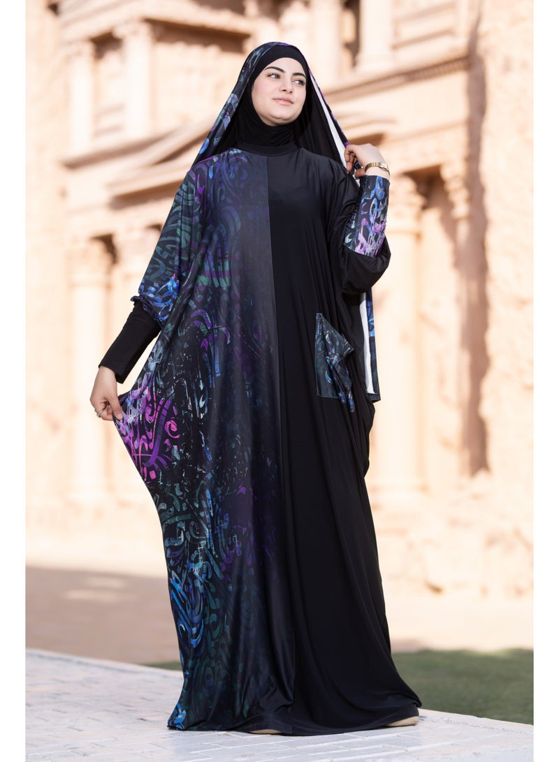 SATR HIJABI Women Printed Isdal Prayer Set – Full Coverage 2-Piece Prayer Outfit with Pocket, Soft Breathable Modest Islamic Wear Black Blue Purple - Image 3