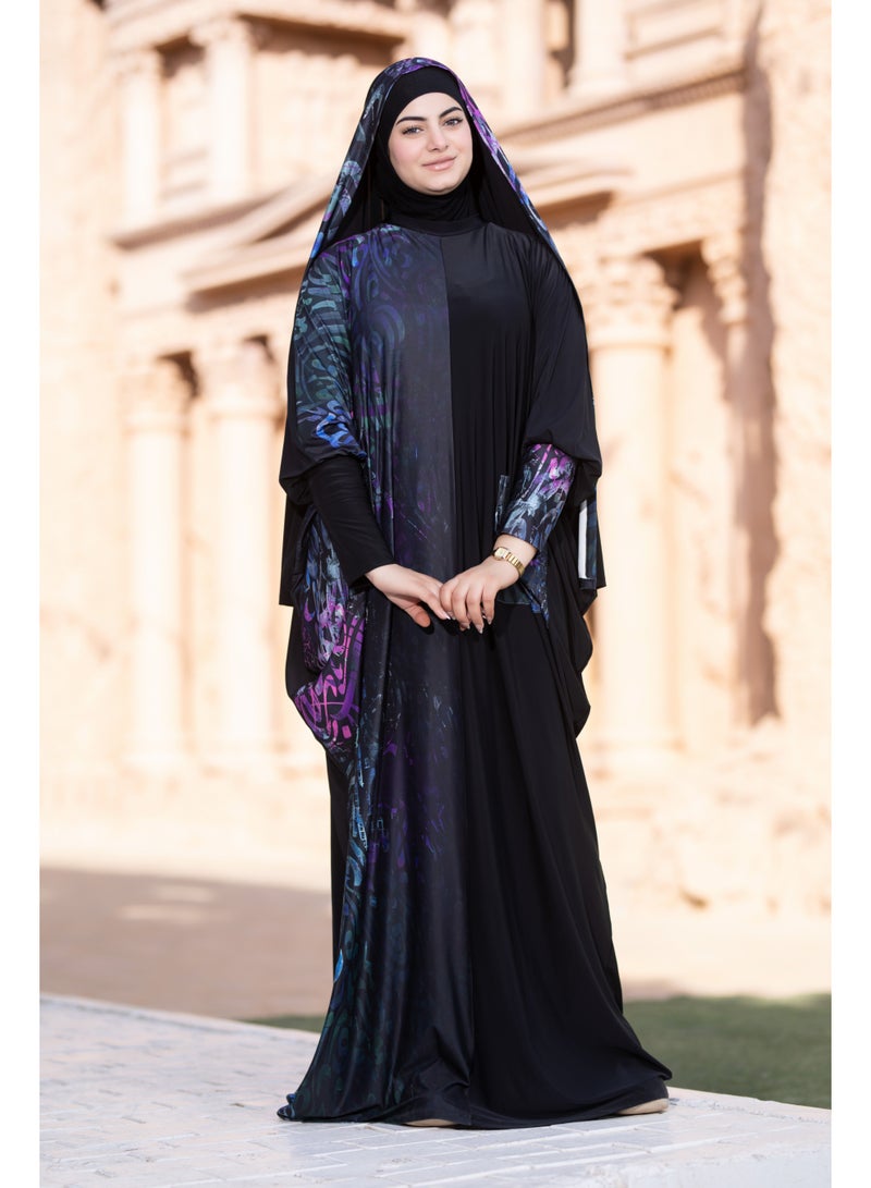 SATR HIJABI Women Printed Isdal Prayer Set – Full Coverage 2-Piece Prayer Outfit with Pocket, Soft Breathable Modest Islamic Wear Black Blue Purple - Image 4