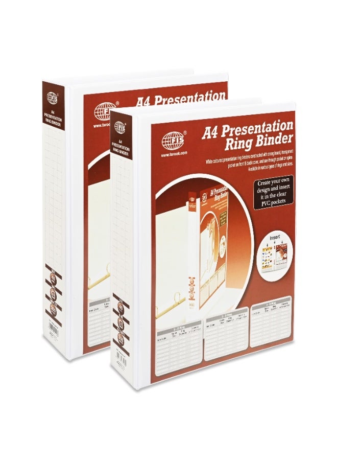 FIS Presentation Binder, A4 Size(210x297mm), 2[D]Ring Type, 40mm Ring Size, 2.25" Inches Spine with Clear PVC Pocket For Easy Insert Your Label Design, Packet of 2 Pieces, White Color-FSBD240DPB/2  - Image 1