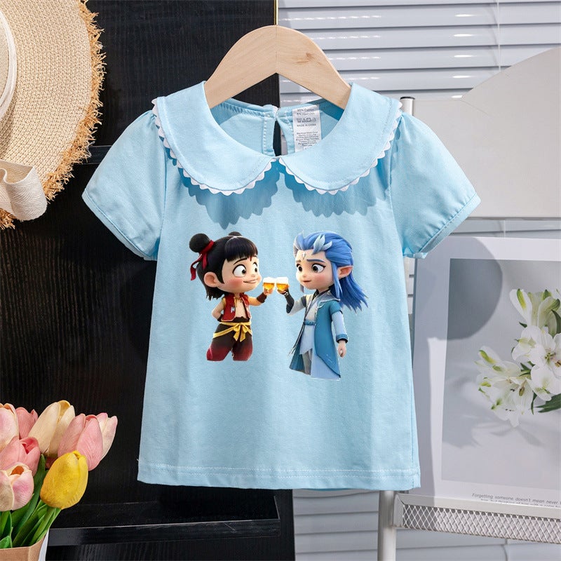 Girls Short-Sleeved T-Shirt 2025 Style Kidsren'S Doll Collar Casual Tops Baby Girl Fashionable Nezha Tops - Image 3