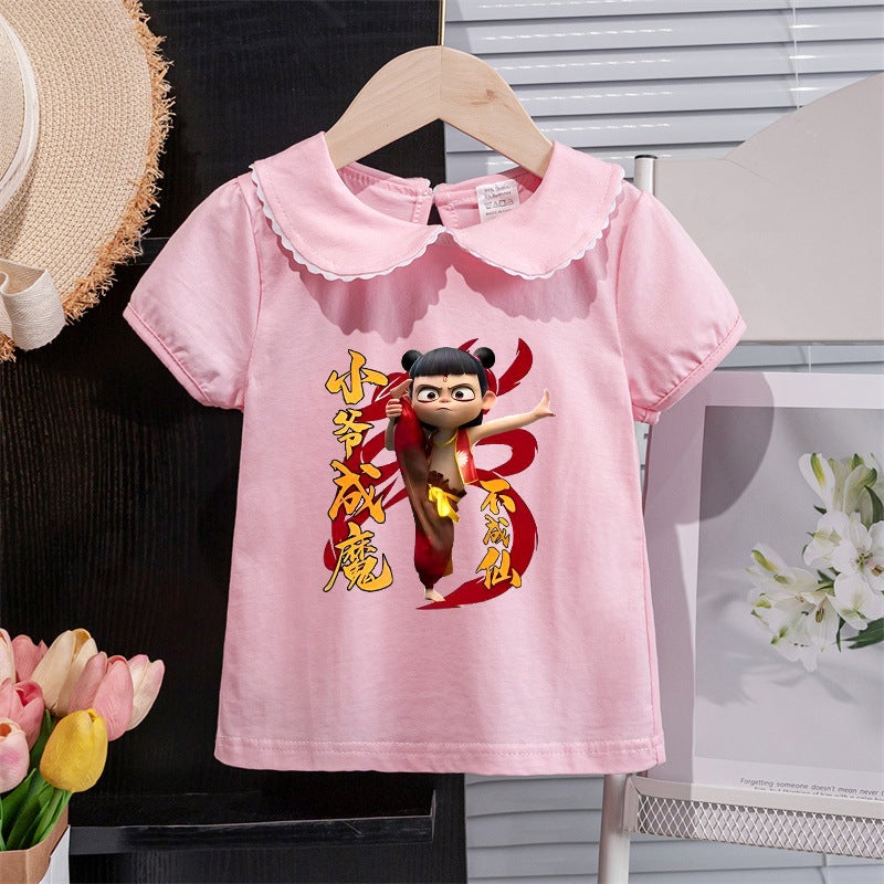 Girls Short-Sleeved T-Shirt 2025 Style Kidsren'S Doll Collar Casual Tops Baby Girl Fashionable Nezha Tops - Image 1