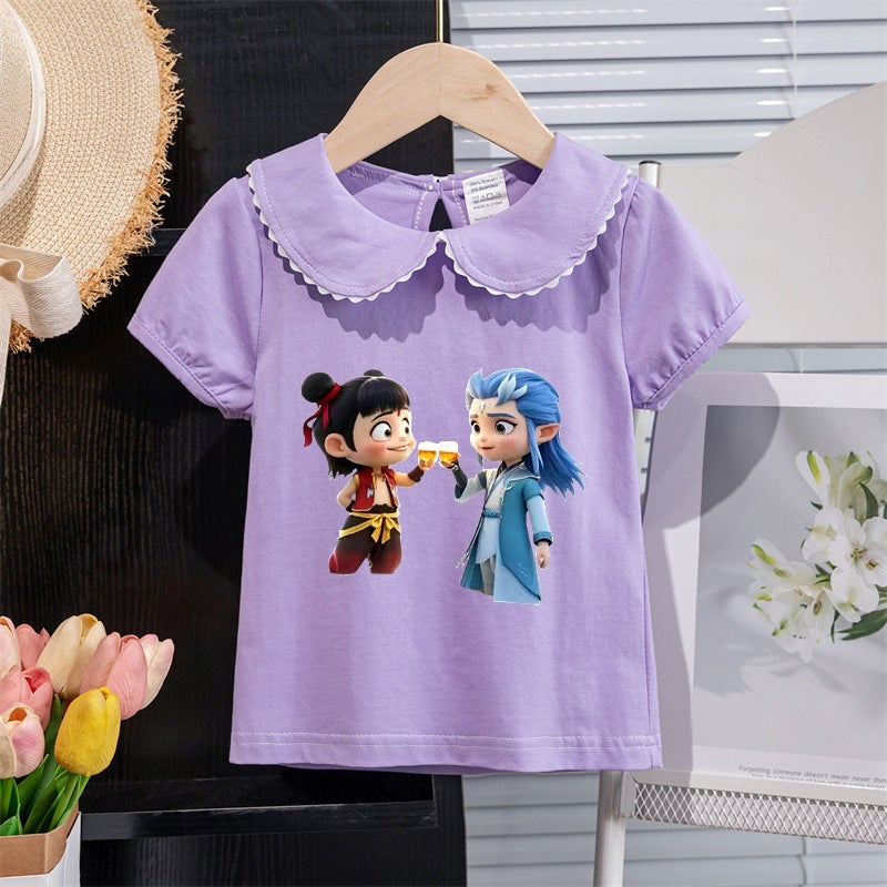 Girls Short-Sleeved T-Shirt 2025 Style Kidsren'S Doll Collar Casual Tops Baby Girl Fashionable Nezha Tops - Image 5