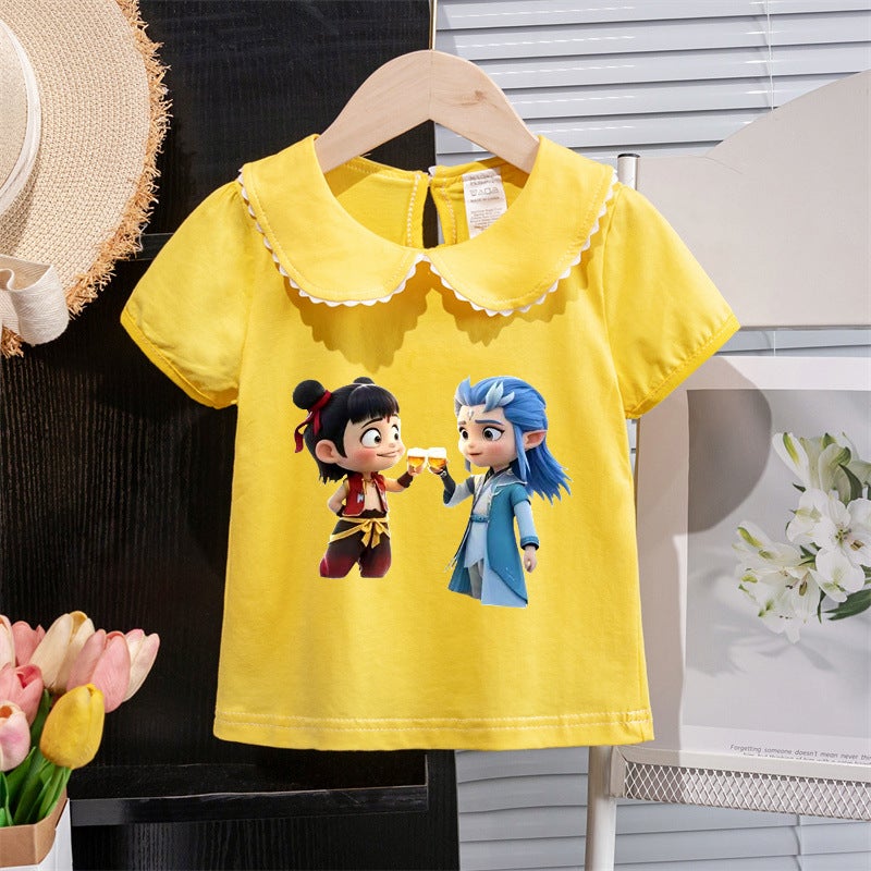 Girls Short-Sleeved T-Shirt 2025 Style Kidsren'S Doll Collar Casual Tops Baby Girl Fashionable Nezha Tops - Image 2