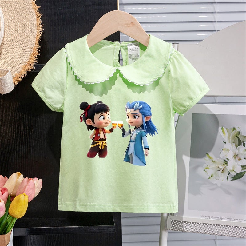 Girls Short-Sleeved T-Shirt 2025 Style Kidsren'S Doll Collar Casual Tops Baby Girl Fashionable Nezha Tops - Image 4