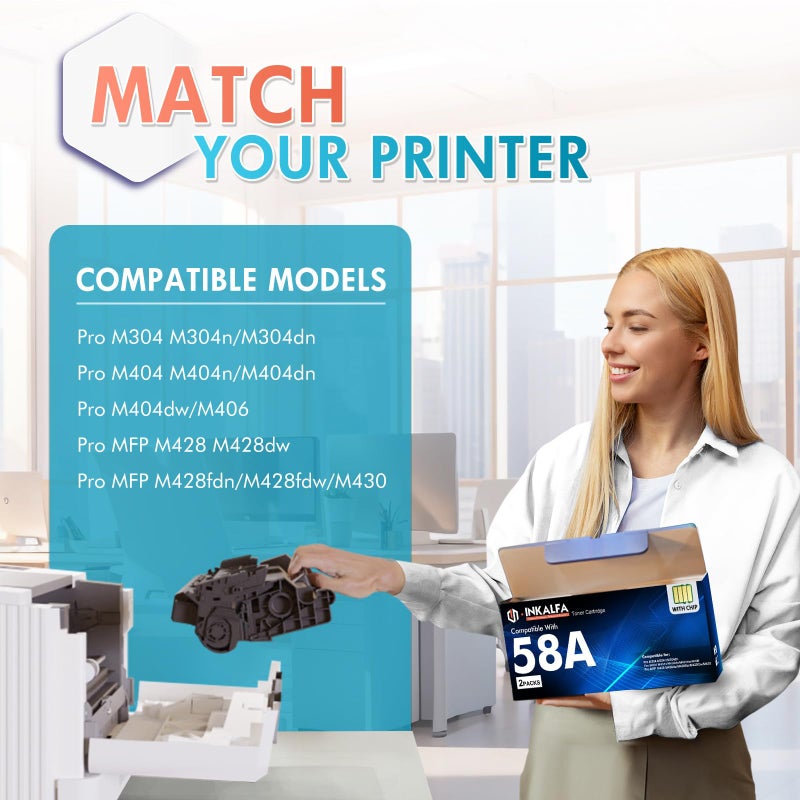 inkalfa CF258A 58A Toner Cartridge Black 58X CF258X Compatible Replacement for HP 58A CF258A M428fdw for HP LaserJet MFP M428fdw M428fdn M428dw M404 M428 Pro M404n M404dn M404dw Printer 2 Pack with Chip - Image 2