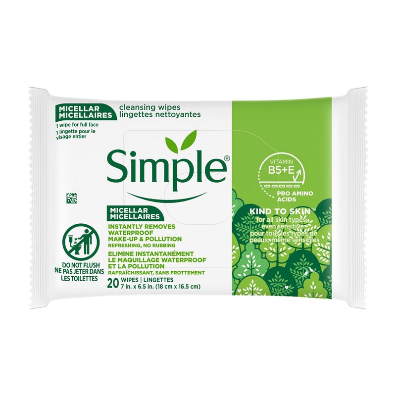 Simple Kind To Skin Micellar Makeup Remover Wipes - Face Wipes Instantly Remove Waterproof Makeup - Enriched with Vitamin B5 and E - Vegan - 20 pc - Image 1