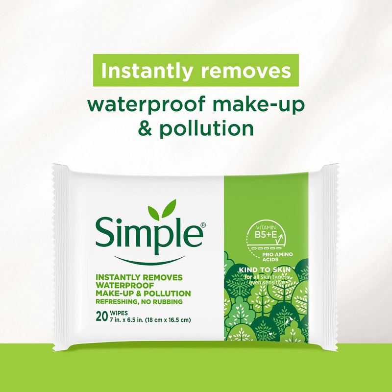 Simple Kind To Skin Micellar Makeup Remover Wipes - Face Wipes Instantly Remove Waterproof Makeup - Enriched with Vitamin B5 and E - Vegan - 20 pc - Image 2