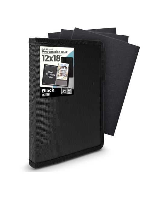 Dunwell 12x18 Art Portfolio Binder with Mounting Paper Black Large Portfolio Folder for Artwork Storage 24 Clear Sleeves Display 48 Pages 12 x 18 Presentation Book AcidFree Poly