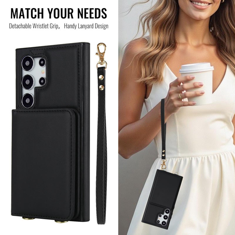 erorex For Samsung Galaxy S25 Ultra 5G Crossbody Dual-buckle Wallet RFID Back Leather Phone Case(Black) - Image 3