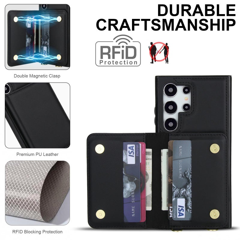 erorex For Samsung Galaxy S25 Ultra 5G Crossbody Dual-buckle Wallet RFID Back Leather Phone Case(Black) - Image 5