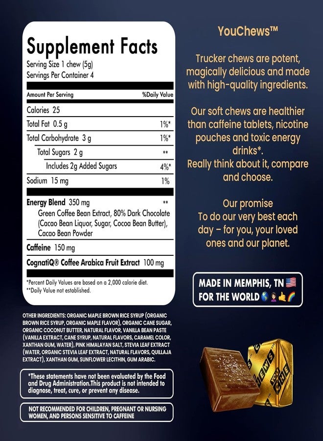 YouChews Trucker Chews, Energy Bites – 150mg of Caffeine, No Jitters Grab-and-Go Energy Chews, Individually Wrapped Portable Energy Support for Long Hauls and On-the-Road Drivers, 4 Counts - Image 2