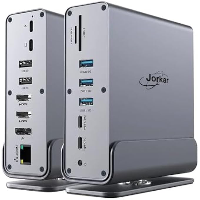 Jorkar LAPTOP DOCKING STATION 3 MONITORS, 15-IN-1 USB-C DOCK STATION HUB TRIPLE DISPLAY WITH 2X 4K HDMI & 1X DP, 10GBPS USB-C AND USB-A 3.2 DATA, 100W PD CHARGING+ETHERNET+SD/TF+AUDIO - Image 1