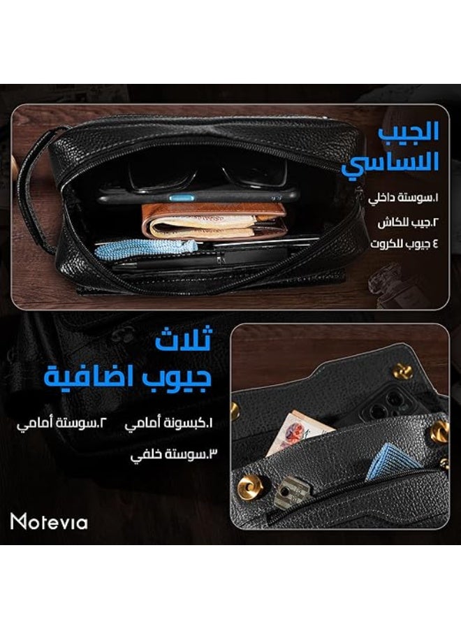 شنطة رجالي يد حقيبة للرجال من الجلد الطبيعي 100% بمقبض معصم مقاس كبير مع ثلاث جيوب وتقسيمة داخلية مميزة شنط رجال هاند باج Motevia - Image 4