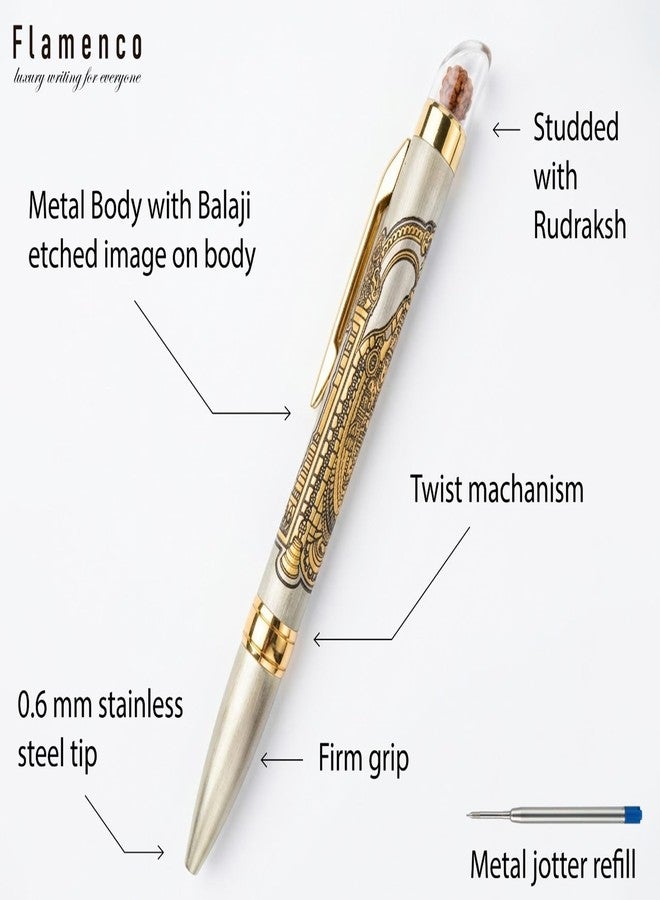 Flamenco Divine Rudraksha Series Ballpoint Pen, Metal Body with Tirupati Balaji Etched Design, Rudraksha Studded, Twist Mechanism, 0.6 mm Tip - Image 3