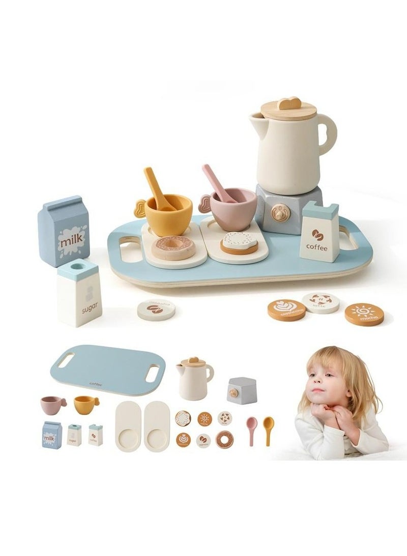 Kids' Pretend Play Toy for Girls, Coffee Tableware Afternoon Tea Set, Wooden Simulated Milk, Snack and Tea Set Combination - Image 4