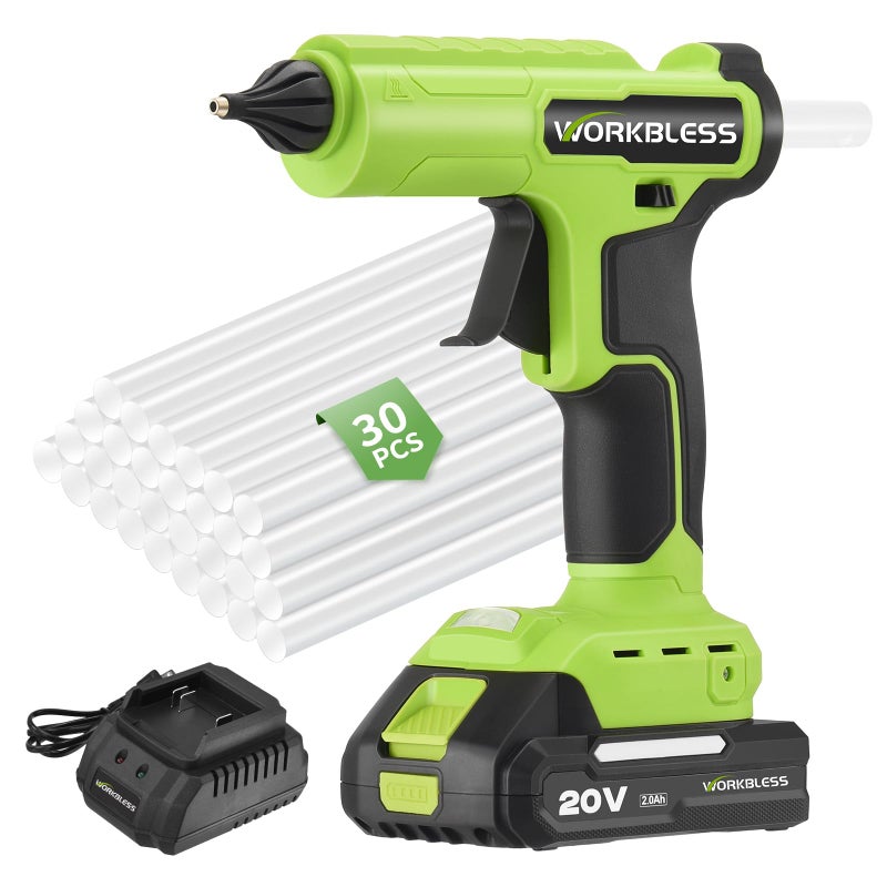 WorkBless Cordless Hot Glue Gun, Battery Power Full Size Hot Glue Gun with 20V 2Ah Battery, Leak-Proof Nozzle Heavy and Duty Glue Gun for Industrial & Crafts, 30pcs 11mm Full Size Glue Stick - Image 1