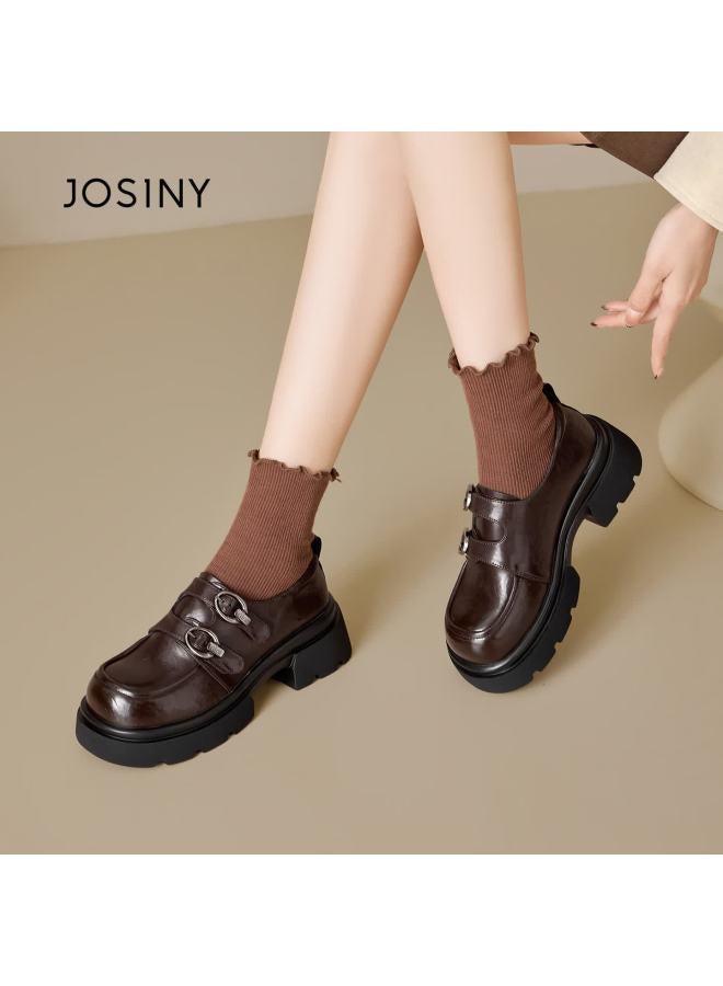 Josiny Zhuoshini Women's Thick Sole Loafers New Retro Versatile Jk Style Small Leather Shoes Height Increasing Single Shoes Brown Size 34 - Image 5