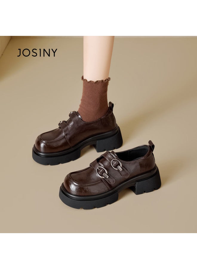 Josiny Zhuoshini Women's Thick Sole Loafers New Retro Versatile Jk Style Small Leather Shoes Height Increasing Single Shoes Brown Size 34 - Image 3