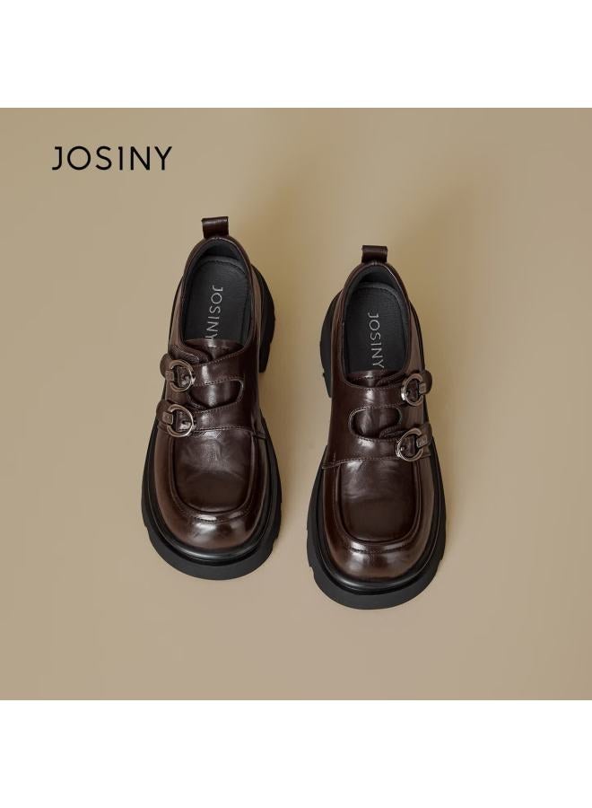 Josiny Zhuoshini Women's Thick Sole Loafers New Retro Versatile Jk Style Small Leather Shoes Height Increasing Single Shoes Brown Size 34 - Image 2