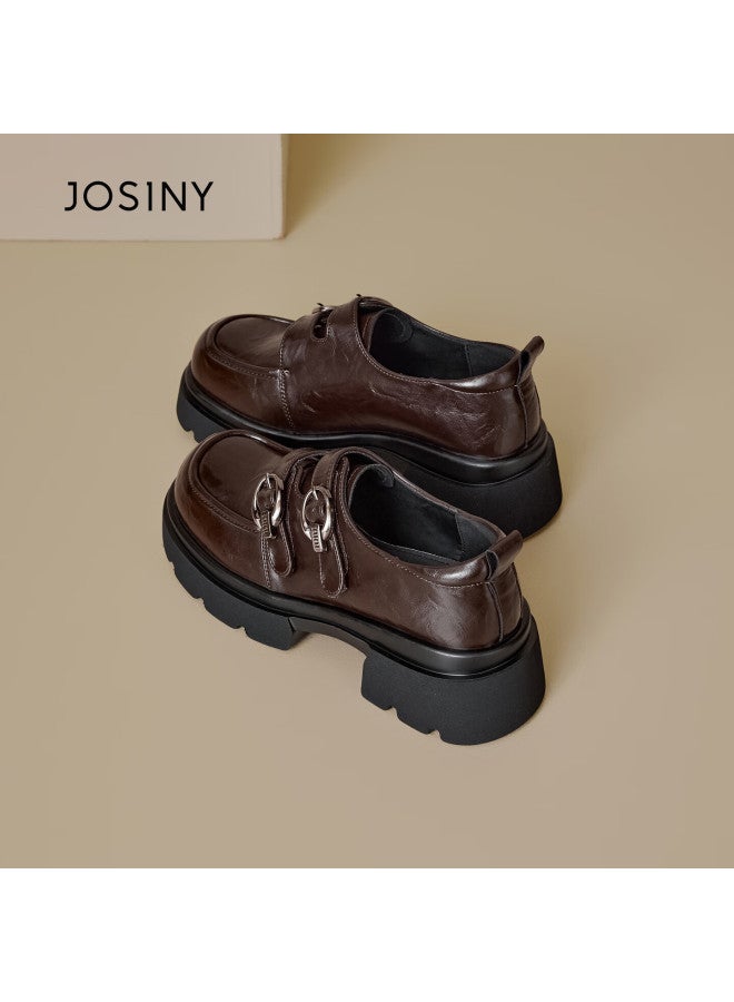 Josiny Zhuoshini Women's Thick Sole Loafers New Retro Versatile Jk Style Small Leather Shoes Height Increasing Single Shoes Brown Size 34 - Image 1