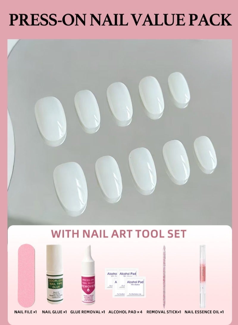 Press On Nails Pure White Glossy Natural Look Artificial Nails Set Full Cover Fake Nails Reusable Stick On Nails Soft Gel Acrylic Nail Kit Elegant Minimalist Nails For Women Daily Wear Office Wedding Eid Party Salon Style Long Lasting Damage Free Nails - Image 1