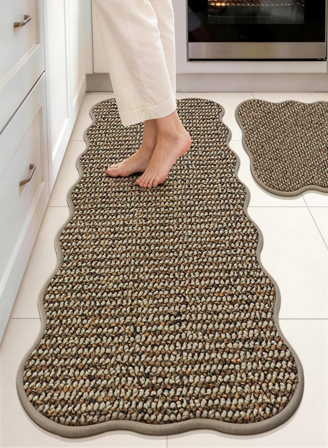 JSEI Scalloped Kitchen Rugs and Mats 2PCS, Kitchen Mats for Floor, Non-Slip Washable Kitchen Runner, Absorbent and Stain Resistant Rugs for Kitchen, Laundry & Sink, 17"x30"+17"x48", Taupe - Image 1