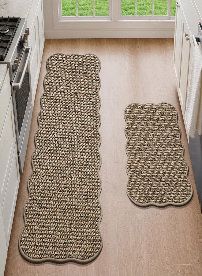 JSEI Scalloped Kitchen Rugs and Mats 2PCS, Kitchen Mats for Floor, Non-Slip Washable Kitchen Runner, Absorbent and Stain Resistant Rugs for Kitchen, Laundry & Sink, 17"x30"+17"x48", Taupe - Image 4