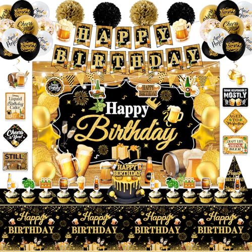 Mpanwen Beer Birthday Party Decorations Beer Aged to Perfection Birthday Party Decorations Decor Supplies for Men Backdrop Banner Cake Cupcake Toppers Tablecloth Hanging Swirls Wall Signs - Image 1
