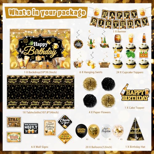 Mpanwen Beer Birthday Party Decorations Beer Aged to Perfection Birthday Party Decorations Decor Supplies for Men Backdrop Banner Cake Cupcake Toppers Tablecloth Hanging Swirls Wall Signs - Image 5