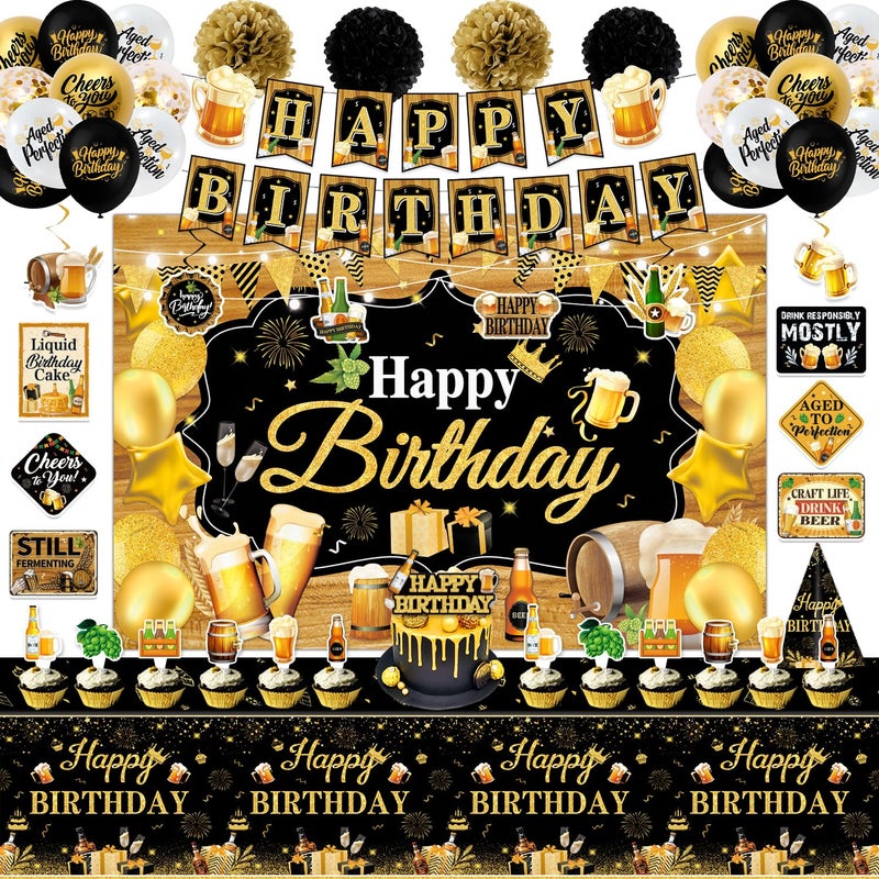 Mpanwen Beer Birthday Party Decorations Beer Aged to Perfection Birthday Party Decorations Decor Supplies for Men Backdrop Banner Cake Cupcake Toppers Tablecloth Hanging Swirls Wall Signs - Image 3