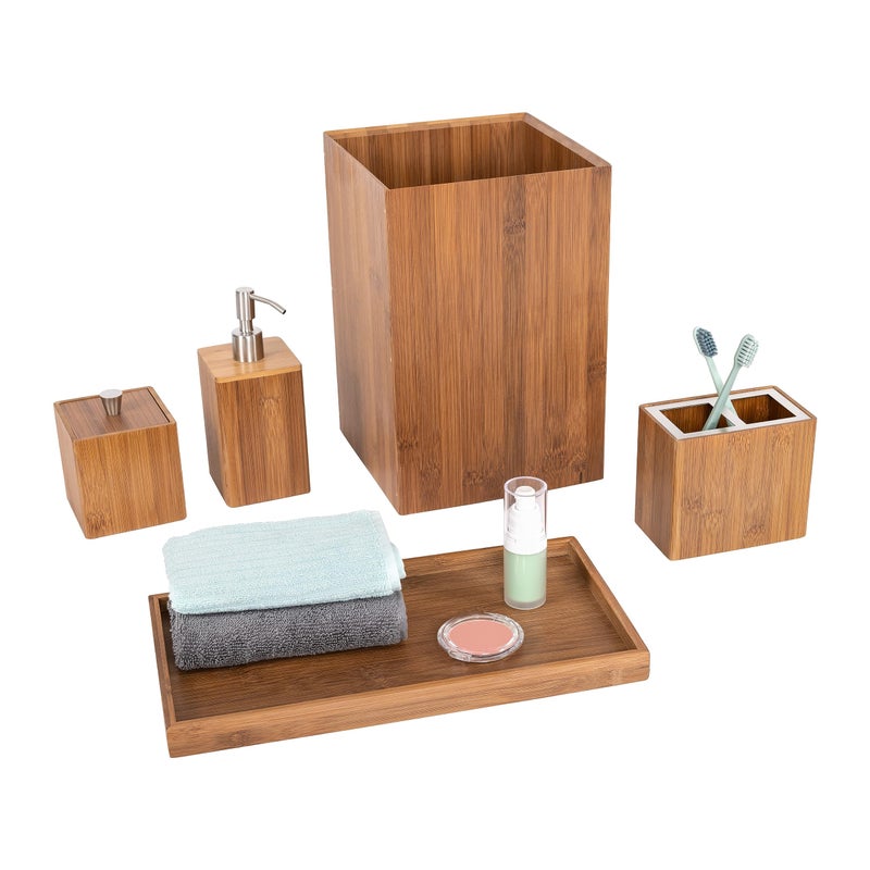 Seville Classics Bamboo EcoConscious Bathroom Vanity Organizer Set Kitchen Home Over The Sink Trash Bin Soap Cotton Ball Holder Towel Tray 5 Piece Bamboo
