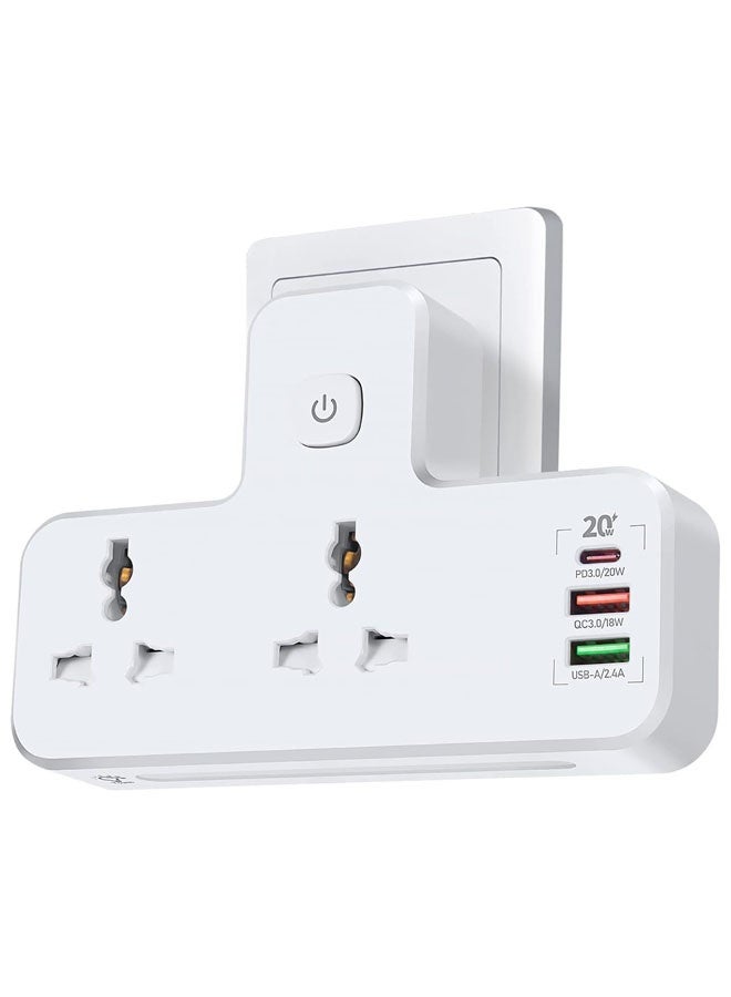 Bukela Power Adapter Multi Plug Extension with 20W USB-C PD Fast Charge Port Type-C, 2 USB QC3.0 Smart Power, 2 Universal Outlets Power Extender Socket, UK 3-Pin Adaptor with Light for Home, Office - Image 1