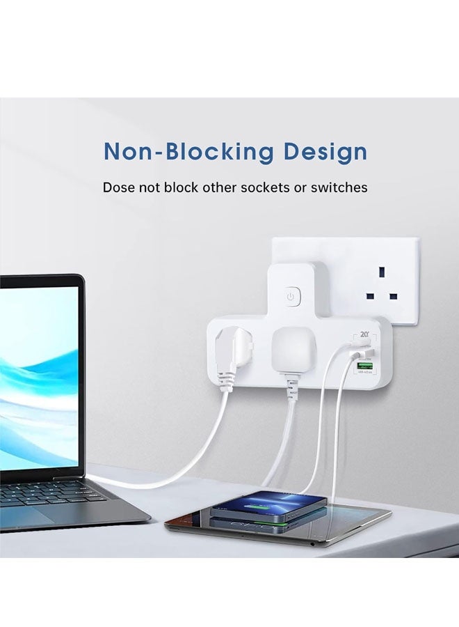 Bukela Power Adapter Multi Plug Extension with 20W USB-C PD Fast Charge Port Type-C, 2 USB QC3.0 Smart Power, 2 Universal Outlets Power Extender Socket, UK 3-Pin Adaptor with Light for Home, Office - Image 5