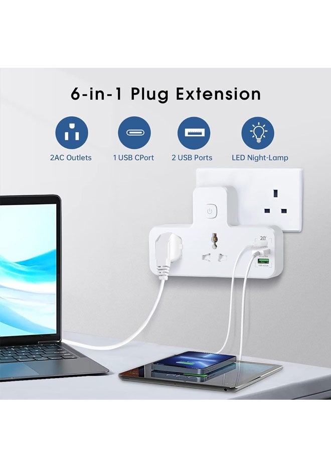 Bukela Power Adapter Multi Plug Extension with 20W USB-C PD Fast Charge Port Type-C, 2 USB QC3.0 Smart Power, 2 Universal Outlets Power Extender Socket, UK 3-Pin Adaptor with Light for Home, Office - Image 2