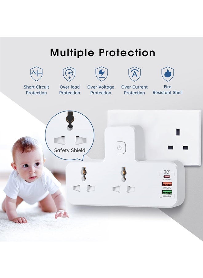 Bukela Power Adapter Multi Plug Extension with 20W USB-C PD Fast Charge Port Type-C, 2 USB QC3.0 Smart Power, 2 Universal Outlets Power Extender Socket, UK 3-Pin Adaptor with Light for Home, Office - Image 4